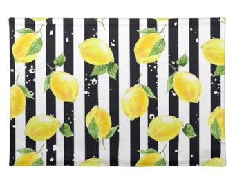 Lemon Placemat Set of 4, Black and White Stripe, Lemon and Stripe, Polyester Twill Placemats