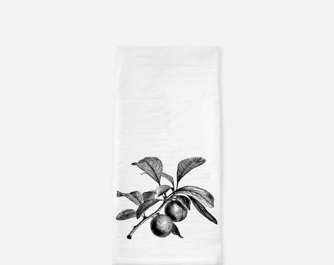 Fruit Tea Towel (Flour Sack) Plum Branch Tea Towel, Sketched Plum Branch, Housewarming Gift, Kitchen Towel, Kitchen Gift, Mother's Day Gift