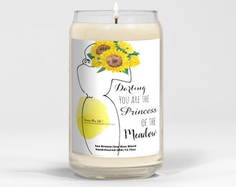Sea Breeze Candle, Princess of the Meadow, Sunflower Accent, Candle Gift for Her, Line Drawing, Message Candle, 13.75 oz, Candle Gift box