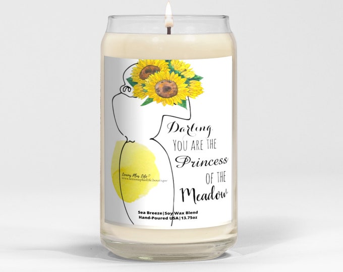 Sea Breeze Candle, Princess of the Meadow, Sunflower Accent, Candle Gift for Her, Line Drawing, Message Candle, 13.75 oz, Candle Gift box