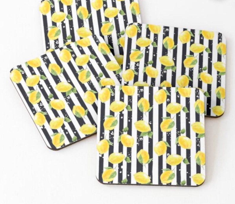 Lemon Placemat Set of 4, Black and White Stripe, Lemon and Stripe, Polyester Twill Placemats image 7