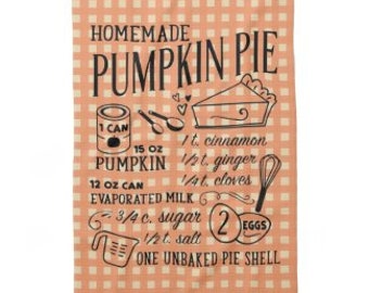 Fall Kitchen Towel, Pumpkin Pie Recipe, Orange Blue Check, Pumpkin Pie Recipe Towel, Hostess Gift, Housewarming Gift, Thanksgiving Towel