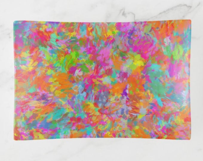 Decorative Glass Tray, Colorful, Summer Impressions, Abstract Watercolor, Trinket Tray