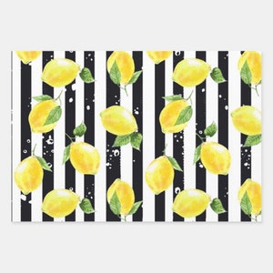 Lemons Wrapping Paper, Lemon and Stripe Pattern, Yellow Lemons with Black and White Stripe, Set of 3, Flat Pre-Cut Sheets image 6