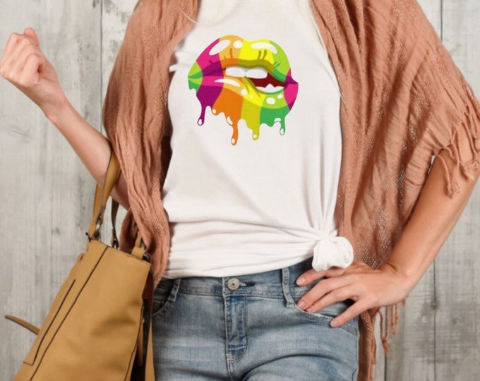 Unisex T-shirt, Multi-Colored Dripping Lips, Lips T-shirt, Short-Sleeve, Women Lips T-shirt