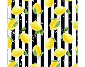 Lemon Napkins, Set of 4, Black & White Stripe, Lemon and Stripe, Cotton Twill, Cloth Napkins