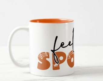 Halloween Ceramic Mug, "Feeling Spooky" Orange,  Black, White,  Two Tone Mug, 11 oz, Halloween Gift, Fall Mugs, Mug With Words