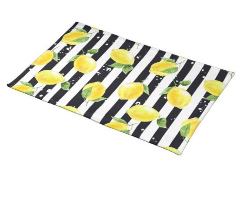 Lemon Placemat Set of 4, Black and White Stripe, Lemon and Stripe, Polyester Twill Placemats image 10