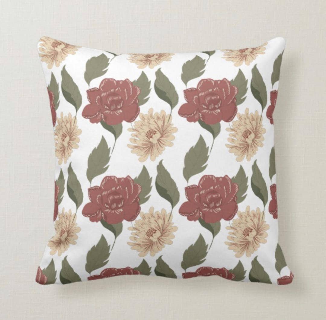 Tan And Burgundy Floral Pattern Winter Garden Throw Pillow Etsy
