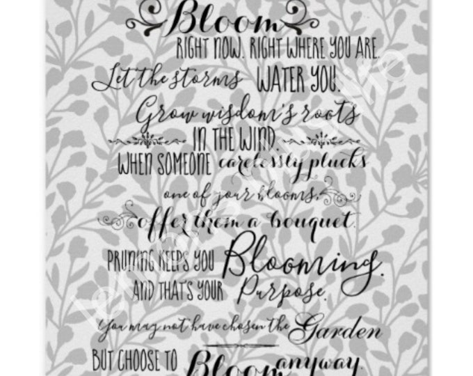 Bloom Anyway Quote Grey & White Botanical Typography Print