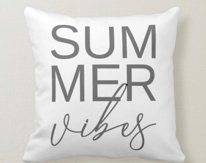 Throw Pillow, Summer Vibes, Gray Typography, Farmhouse, Beach, White Pillow