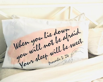 White Pillowcase, Blush, Watercolor Stroke, Bible Verse, Sleep Sweet, Proverbs, Typography