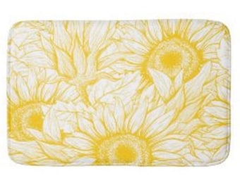 Yellow Sunflower Bath Mat, Sunflower Floral Print, Sunflower Bath Decor, Yellow and White Sunflower Design