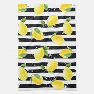 Lemon Kitchen Towel, Lemon and Stripe, Yellow Lemons with Black and White Stripe, Lemon Kitchen Decor, Durable Poly-Blend, 16 X 24 image 3