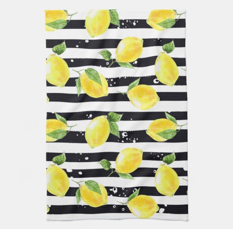 Lemon Kitchen Towel, Lemon and Stripe, Yellow Lemons with Black and White Stripe, Lemon Kitchen Decor, Durable Poly-Blend, 16 X 24 image 3