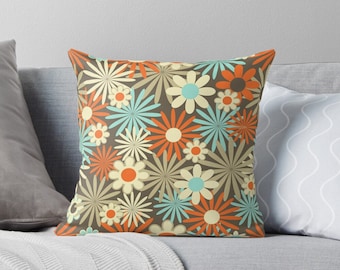 Retro Daisies Pillow, Blue Orange Gray Daisy Pattern, Includes Insert and Cover, Mid-Century Daisy Pillow, MId-Century Daisy Pattern