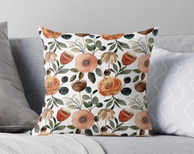 Orange Floral Pillow, Earth Tone Botanics, Pillow and Insert, Earth Tones Flower Pillow, Fall Floral Pillow