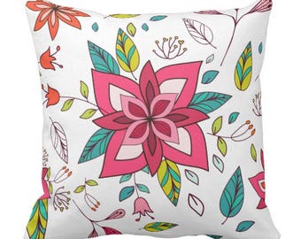Almohada de lanzamiento Boho, tema floral rosa, naranja, turquesa, amarillo, patrón multicolor, almohada de decoración Boho