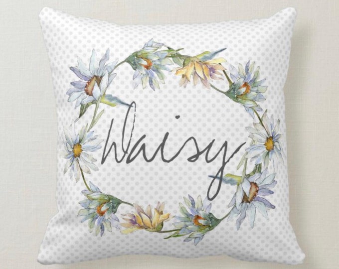 Daisy Wreath, Throw Pillow, Watercolor Pastels, Blue Polka-Dot, "Daisy" Floral Pillow