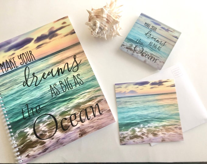 Set of 3, Ocean Daily Planner "Dreams As Big As the Ocean" Flat Card w/Envelope, Ocean Glass Coaster, Beach Theme Gift Set, Office Gift Set