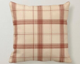 Fall Plaid Pillow, Rust and Beige, Autumn Decor, Fall Home Decor, Farmhouse & Traditional Decor