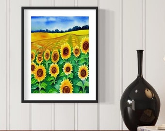 Sunflower Field Wall Art, Watercolor Folk Art, Sunflower Wall Decor, Ready to Frame, AI Art, Home Decor Gift