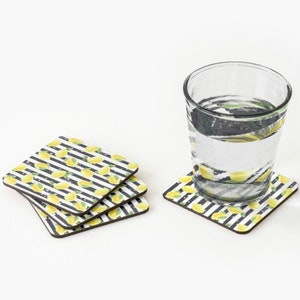 Coaster Set of 4, Zesty, Yellow Lemons, Black & White Stripe, Lemon and Stripe, Coaster Set image 2