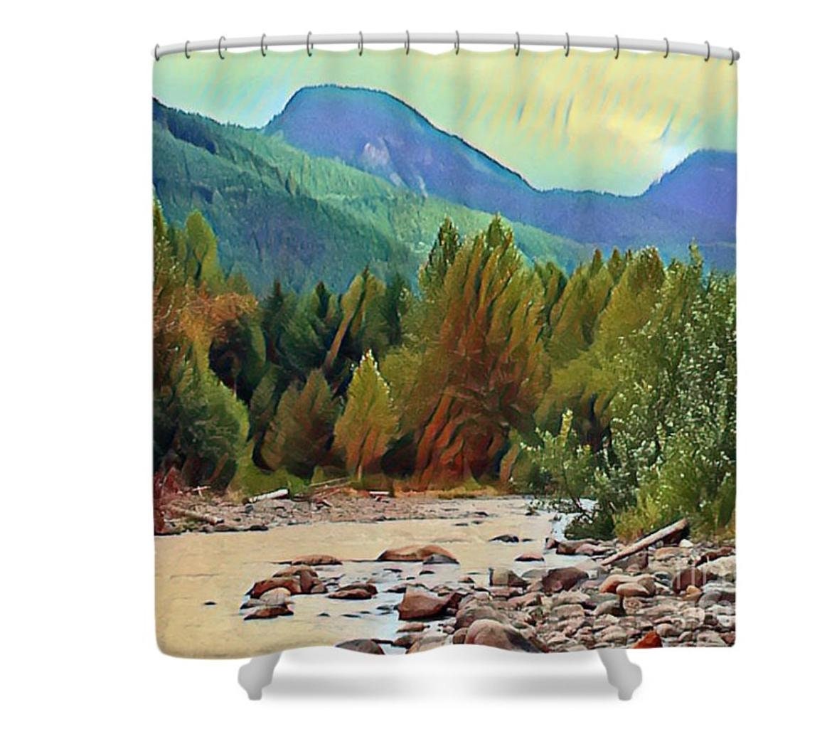 Shower Curtain Mountain Splendor Landscape River Watercolor