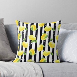 Throw Pillow, Yellow Lemon Pattern, Black & White Striped, Zesty, Summer Pillow, Lemon and Stripe image 1