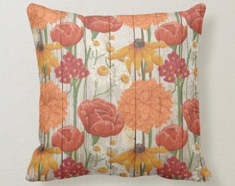 Throw Pillow, Autumn Wildflowers, Orange, Yellow, Floral Accent Pillow