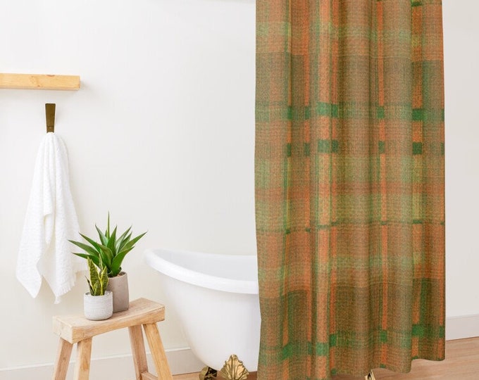 Tartan Plaid Shower Curtain, Orange, Green, Tartan Plaid, Cabin Decor, Rustic Earth Colors,  Fall Plaid Bath Decor, Rustic Bath Decor