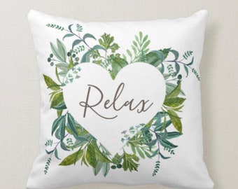 Botanical Heart Wreath White Throw Pillow "Relax"