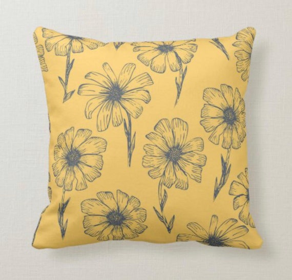 Daisy Throw Pillow Mustard Yellow Gray Daisy Pattern Daisy Etsy