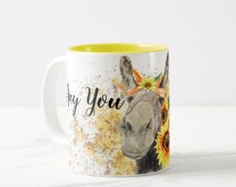 Sunflower Donkey Mug, Mug with Words,  Hay you, Good mornin', Watercolor Donkey with Sunflowers, Gifts for Her, Sunflower Mug, Hostess Gift