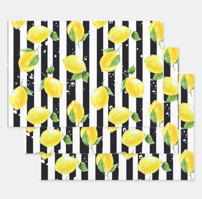 Lemons Wrapping Paper, Lemon and Stripe Pattern, Yellow Lemons with Black and White Stripe, Set of 3, Flat Pre-Cut Sheets image 7