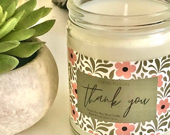 Thank You Candle, Natural Soy Wax Blend 7.5oz Candle, Thank You Gifts, Gift for Her, Pink Tan Floral, Message Candle, Jasmine Lavender Scent