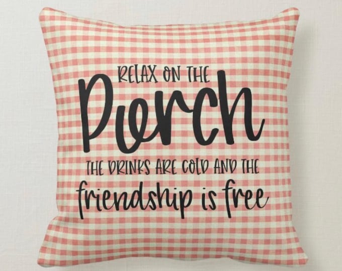 Porch Pillow, Red Gingham, Relax on the Porch,  Farmhouse Decor, Vintage and Retro Style, Throw Pillow