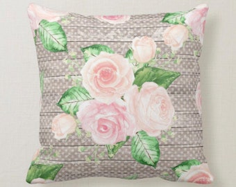 Pink Cottage Rose Bouquet on Tan Polka Dots Pillow
