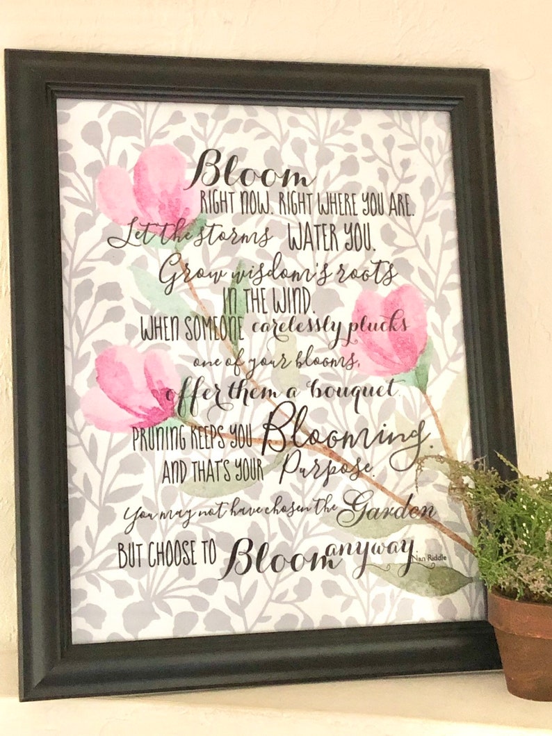 Bloom Anyway Quote Floral Pink and Grey Typography Art Print image 1