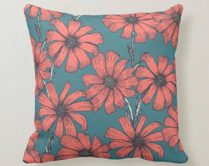 Daisy Throw Pillow, Orange Daisy Pattern, Blue Background, Floral Pattern