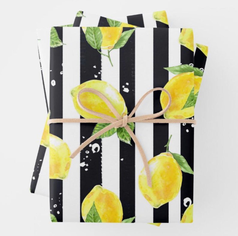 Lemons Wrapping Paper, Lemon and Stripe Pattern, Yellow Lemons with Black and White Stripe, Set of 3, Flat Pre-Cut Sheets image 3