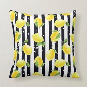 Throw Pillow, Yellow Lemon Pattern, Black & White Striped, Zesty, Summer Pillow, Lemon and Stripe image 4