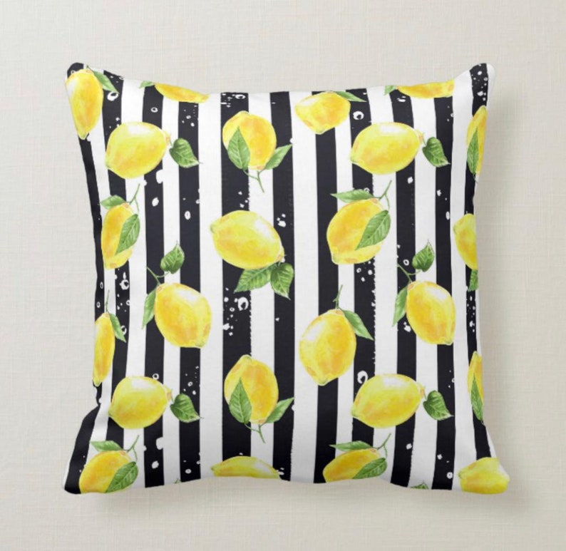 Throw Pillow, Yellow Lemon Pattern, Black & White Striped, Zesty, Summer Pillow, Lemon and Stripe image 4