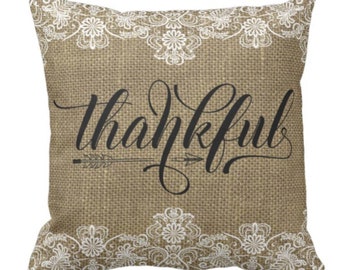 Throw Pillow Rustic Home Decor Fall Decorative Pillow Farmhouse Decor Thanksgiving Lace Trim Thankful Grateful Blessed