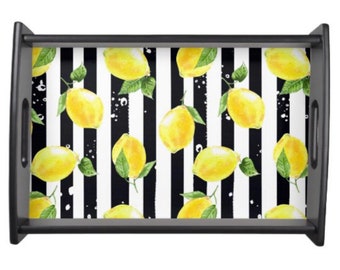 Wood Tray, Yellow Lemon, Black and White Stripe, Lemon and Stripe, Serving Tray