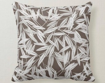 Throw Pillow, White Bamboo Leaf Pattern, Brown Background,