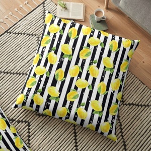 Throw Pillow, Yellow Lemon Pattern, Black & White Striped, Zesty, Summer Pillow, Lemon and Stripe image 7