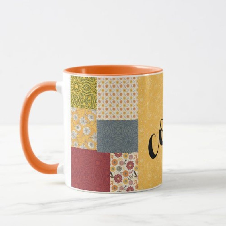 Fall Mug, Quilted Pattern, Cozy Mug, Gift for Her, Autumn Quilt Mug, Fall Kitchen Gift, Fall Hostess Gift, Stocking Stuffer Mug, Gift Mug image 2