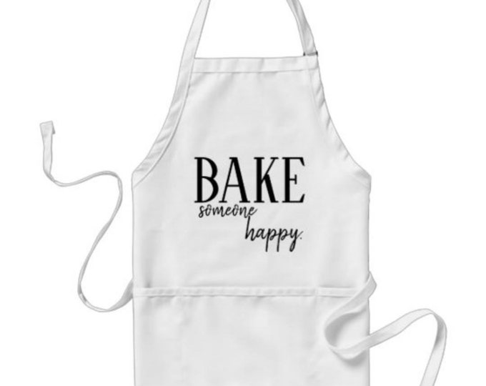 Apron "Bake Someone Happy" Tan and White, Three Pockets, Kitchen Accessories