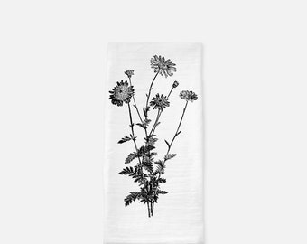 Floral Tea Towel (Flour Sack) Flower Bouquet, Black and White Tea Towel, Floral Gift for Her, Kitchen Accent, Kitchen Gift, Gift for Mother